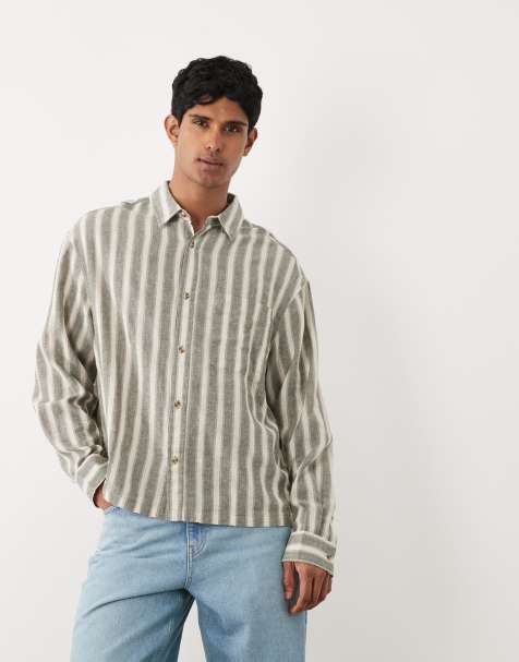 ASOS DESIGN oversized boxy stripe shirt in khaki - view 1
