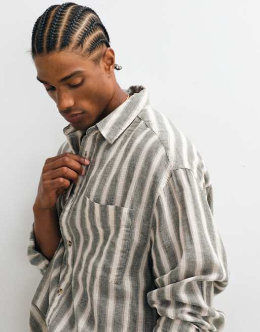 ASOS DESIGN oversized boxy stripe shirt in khaki, 4 of 5