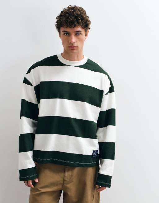 ASOS DESIGN oversized boxy striped crew in dark green, 2 of 5