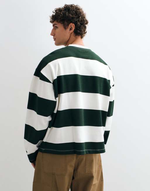 ASOS DESIGN oversized boxy striped crew in dark green, 3 of 5