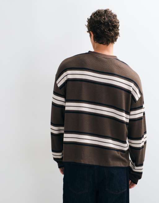 ASOS DESIGN oversized boxy striped long sleeve henley in brown waffle, 4 of 5