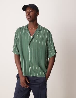 Asos Design Oversized Boxy Striped Shirt In Green