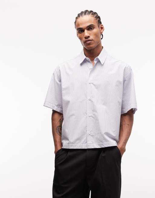 ASOS DESIGN oversized boxy striped shirt with back print in blue, 4 of 5