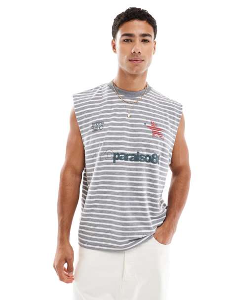 ASOS DESIGN oversized boxy striped tank top with front chest print in heather gray and white - view 1