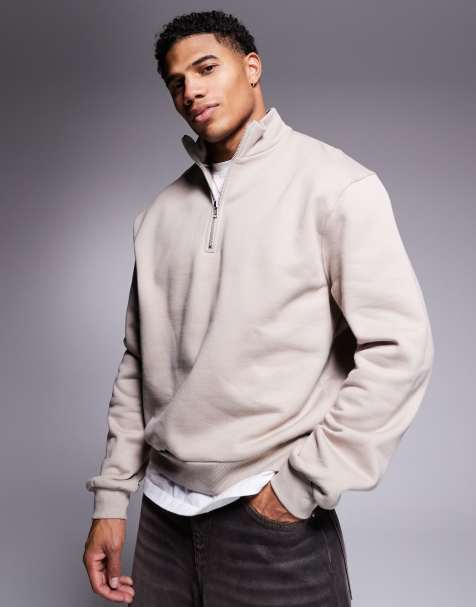 ASOS DESIGN - Oversized boxy sweatshirt van premium zware stof van 400 g/m² met kwart rits in beige - view 1