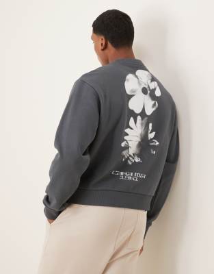 Asos Design Oversized Boxy Sweatshirt With Floral Print In Charcoal-gray