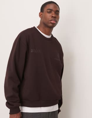 Asos Design Oversized Boxy Sweatshirt With Underarm Panels And Chest Print In Dark Brown-red