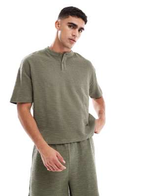 ASOS DESIGN oversized boxy t-shirt co-ord with henley neck in khaki boucle