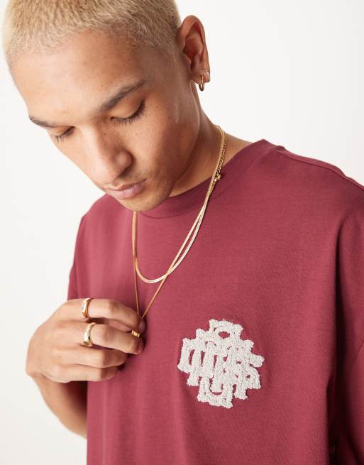 ASOS DESIGN oversized boxy t-shirt in burgundy with chest applique, 2 of 4