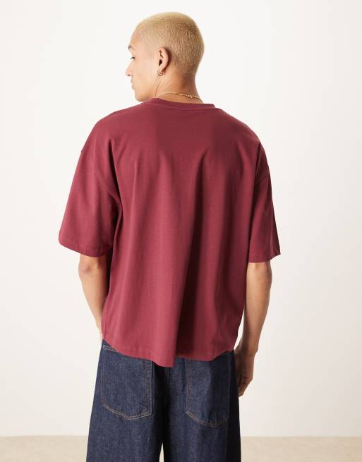 ASOS DESIGN oversized boxy t-shirt in burgundy with chest applique, 4 of 4