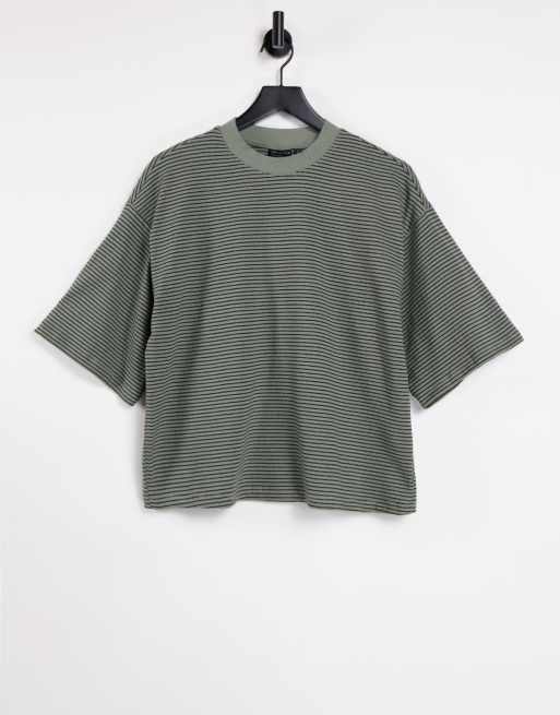 Asos Design Oversized Boxy T Shirt In Textured Stripe In Khaki Asos