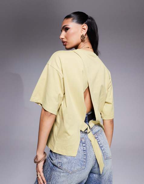 ASOS DESIGN - Oversized boxy T-shirt met bandje aan de achterkant en metalen D-ring in licht olijfgroen - view 1