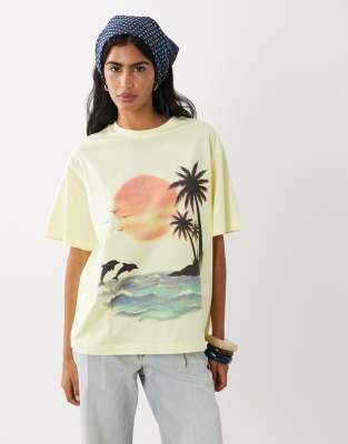 Asos Design Oversized Boxy T-shirt With Airbrushed Vacation Graphic In Yellow