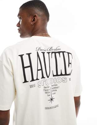 ASOS DESIGN oversized boxy t-shirt with back text print in off white