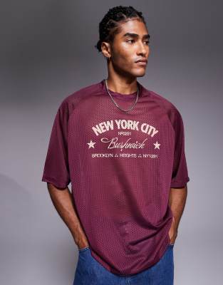 ASOS DESIGN oversized boxy t-shirt with Bushwick graphic in burgundy airtex - view 1