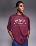 [ASOS DESIGN] ASOS DESIGN oversized boxy t-shirt with Bushwick graphic in burgundy airtex-Red M Tawny port