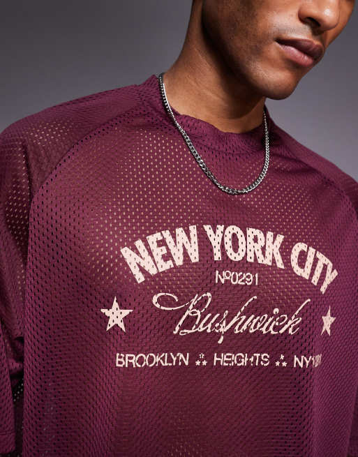 ASOS DESIGN oversized boxy T-shirt with Bushwick graphic in burgundy airtex