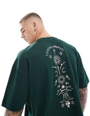 Asos Design Oversized Boxy T-shirt With Celestial Back Print In Green