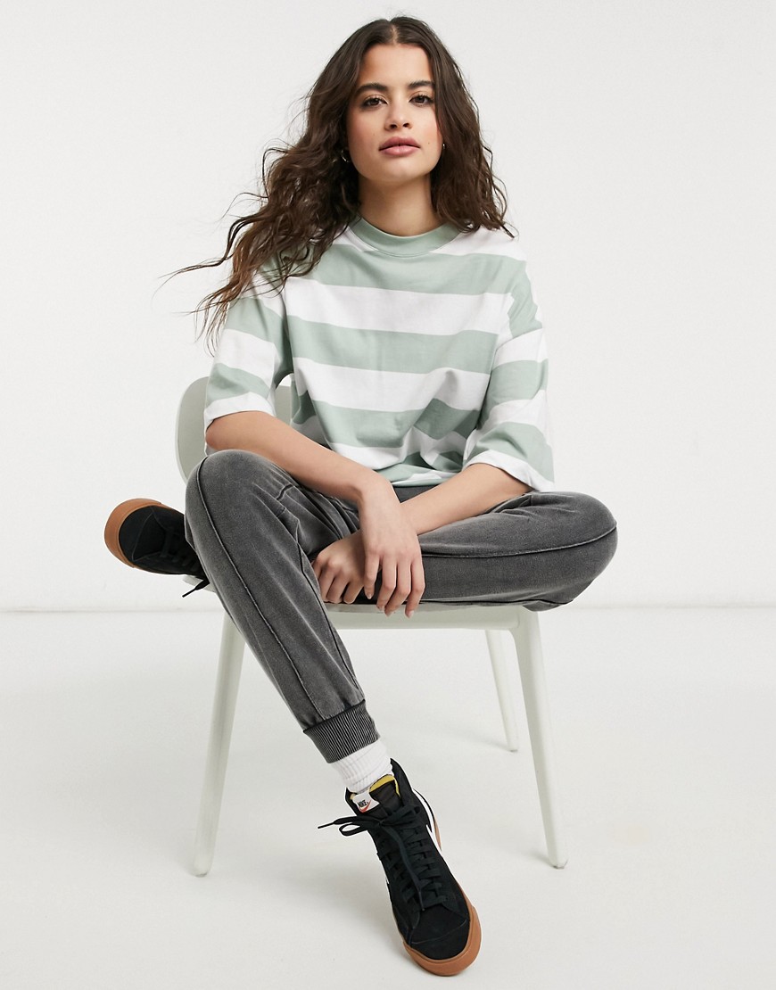 ASOS DESIGN oversized boxy t-shirt with chunky stripe in sage and white-Multi