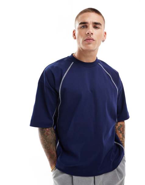 ASOS DESIGN oversized boxy t-shirt with contrast cover stitch detailing in navy - view 1