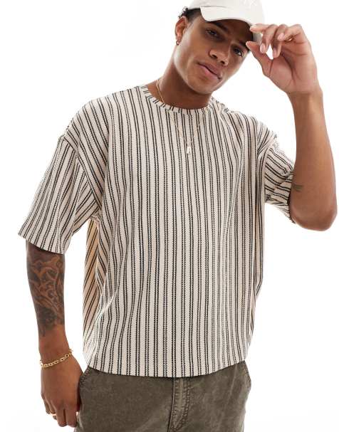 ASOS DESIGN oversized boxy t-shirt with crinkle texture in ecru and black stripe - view 1