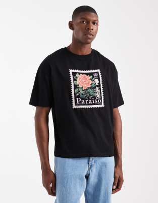 Asos Design Oversized Boxy T-shirt With Flower Stamp Graphic In Black