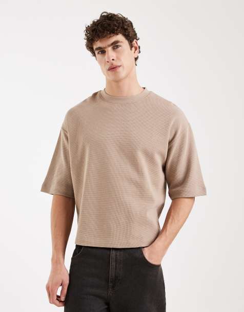 ASOS DESIGN oversized boxy t-shirt with half sleeve in beige waffle - view 1