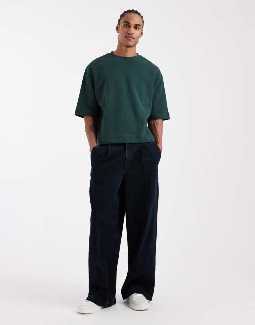ASOS DESIGN oversized boxy t-shirt with half sleeve in dark green waffle  , 2 of 5