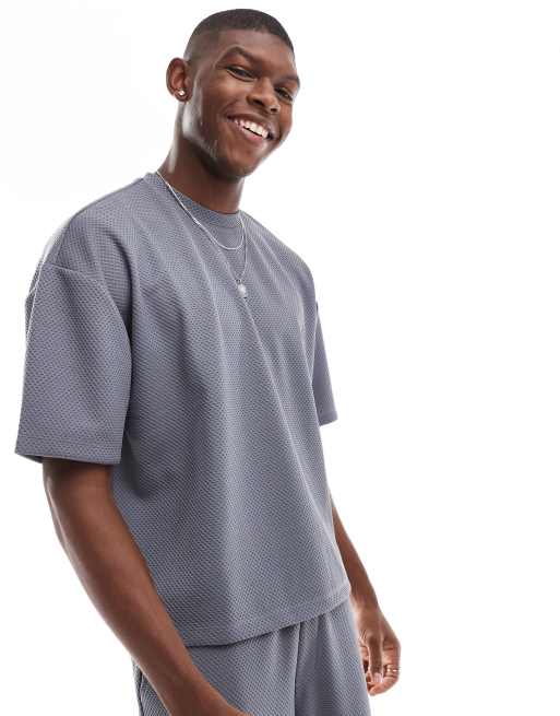 ASOS DESIGN oversized boxy t-shirt with heavyweight waffle texture in beige (part of a set) 