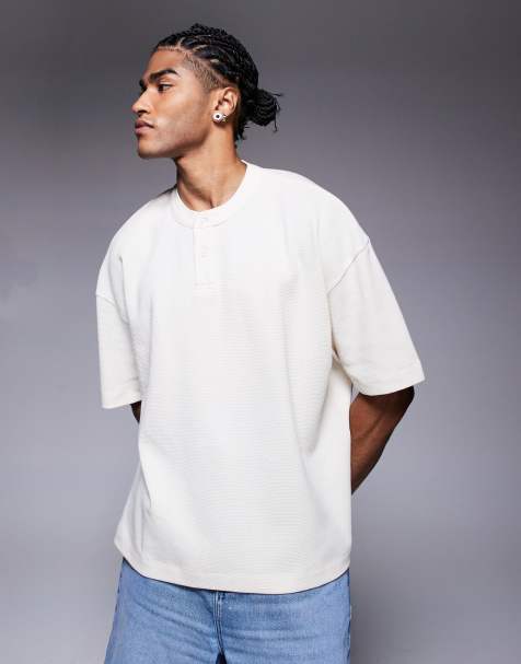 ASOS DESIGN oversized boxy t-shirt with henley neck in cream waffle knit - view 1