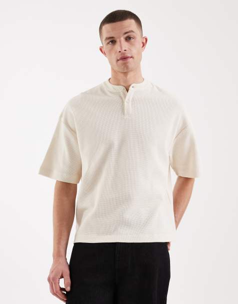 ASOS DESIGN oversized boxy t-shirt with henley neck in cream waffle - view 1