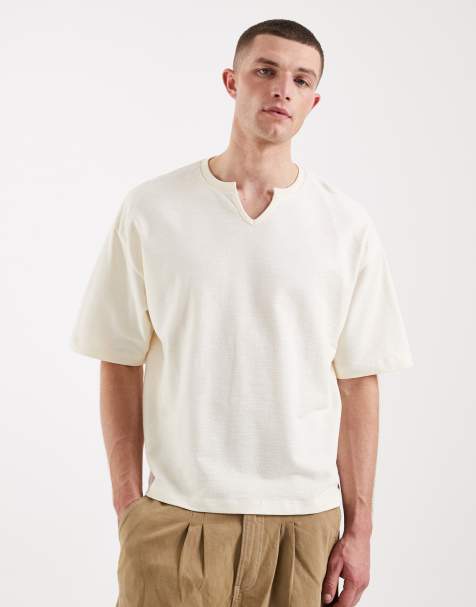 ASOS DESIGN oversized boxy t-shirt with notch neck in cream slub texture   - view 1