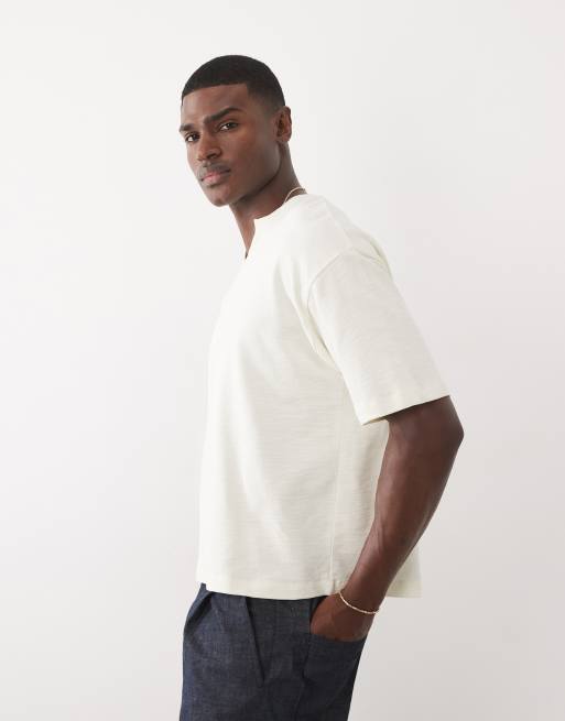 ASOS DESIGN oversized boxy t-shirt with notch neck in cream slub texture  , 4 of 7