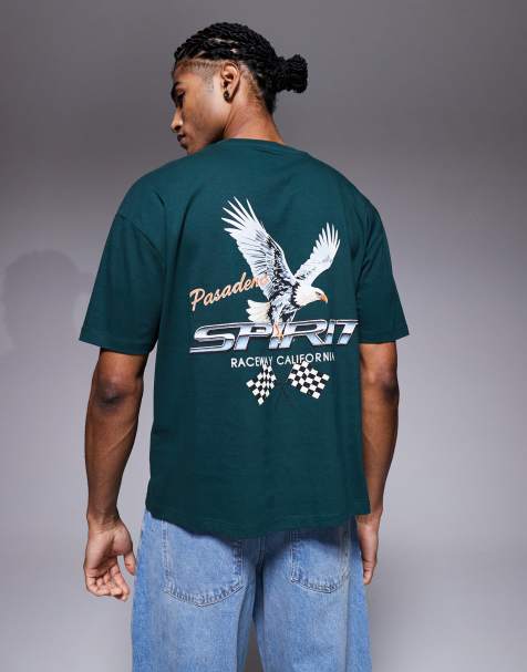 ASOS DESIGN oversized boxy t-shirt with racing graphic in dark green - view 1
