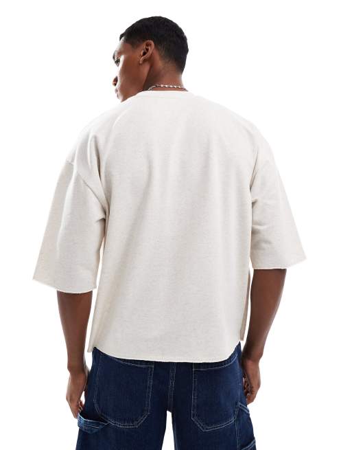 ASOS DESIGN oversized boxy t-shirt with raw hem in beige marl texture , 3 of 4