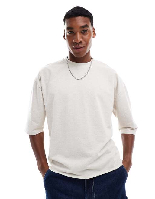 ASOS DESIGN oversized boxy t-shirt with raw hem in beige marl