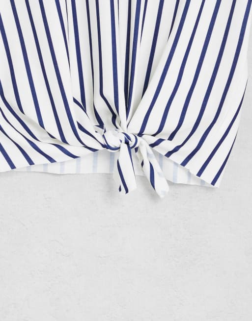 ASOS DESIGN oversized boxy t-shirt with tie front in ecru and navy stripe , 3 of 4