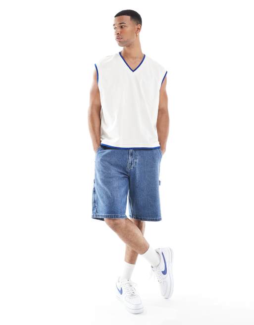 ASOS DESIGN oversized boxy tank with blue binding in cream