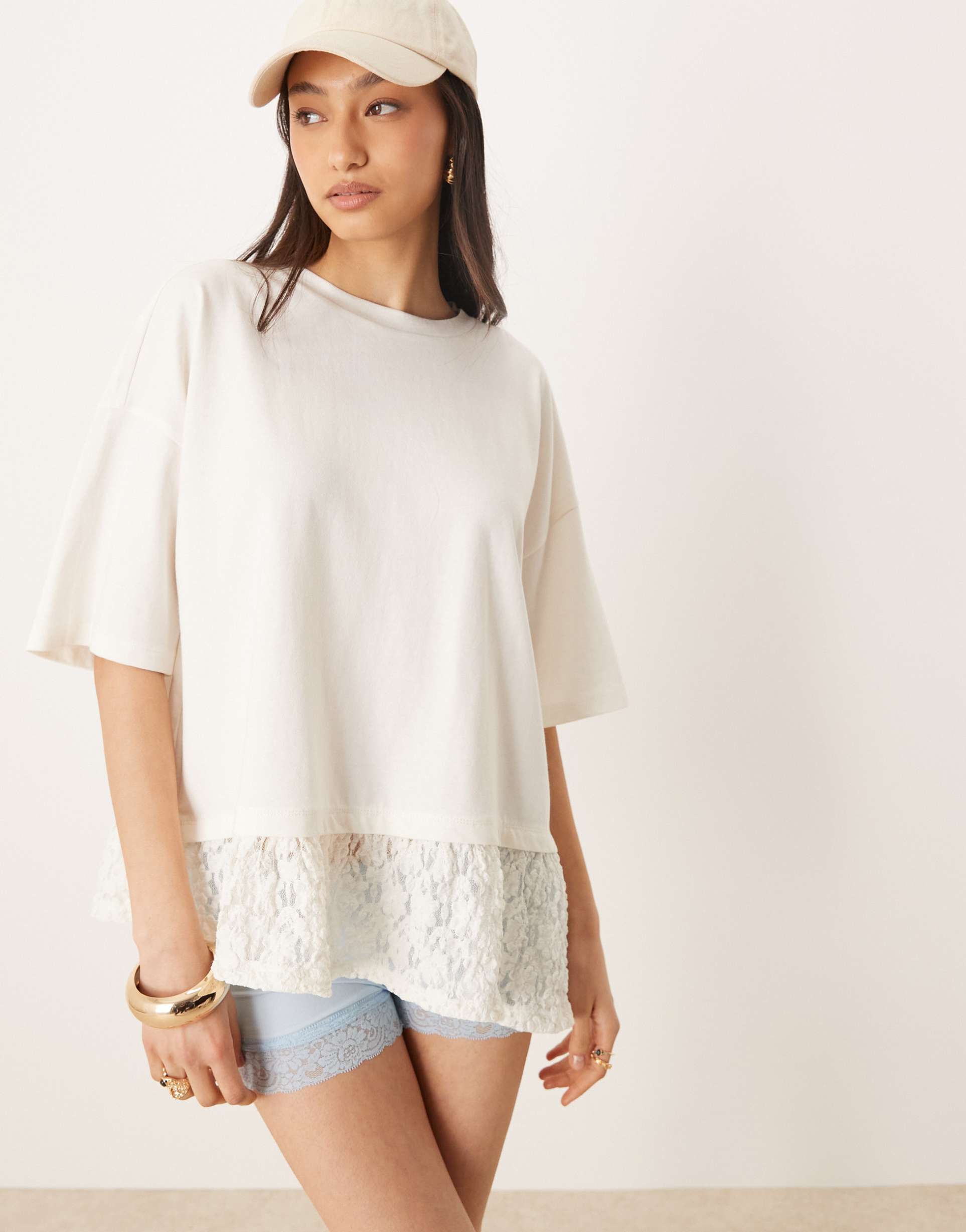 asos design oversized boxy tee with lace hem detail in ivory