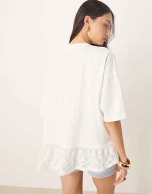 Asos Design Oversized Boxy Tee With Lace Hem Detail In White