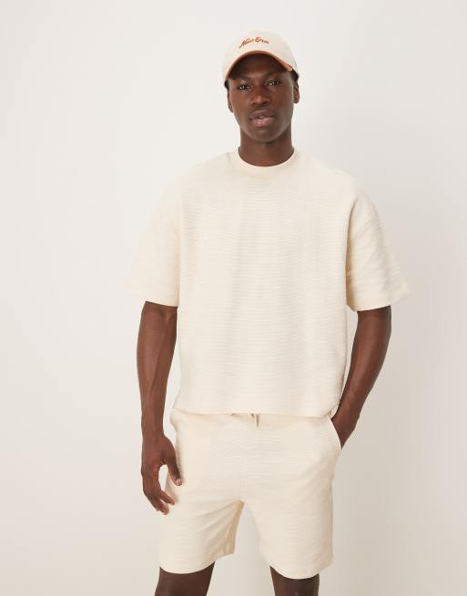 ASOS DESIGN oversized boxy texture rib t-shirt in cream (part of a set)
