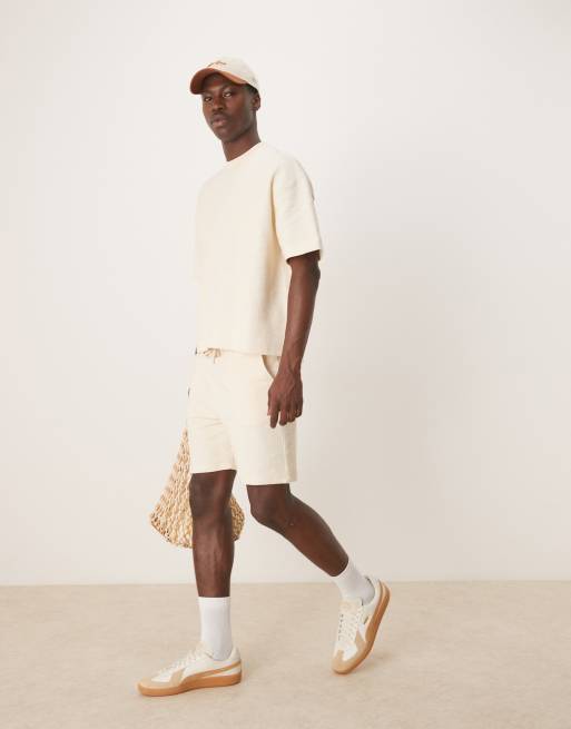 ASOS DESIGN oversized boxy texture ribbed T-shirt in cream - part of a set
