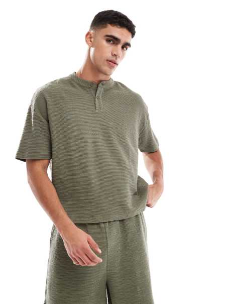 ASOS DESIGN oversized boxy textured henley t-shirt in khaki green - part of a set - view 1