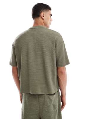 Asos Design Oversized Boxy Textured Henley T-shirt In Green