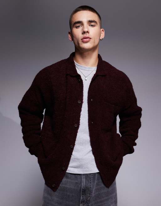 ASOS DESIGN oversized boxy textured knitted collar cardigan in burgundy