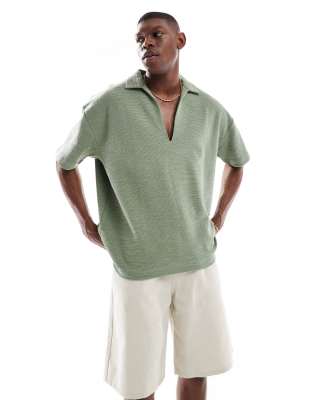 oversized boxy textured polo shirt in light green