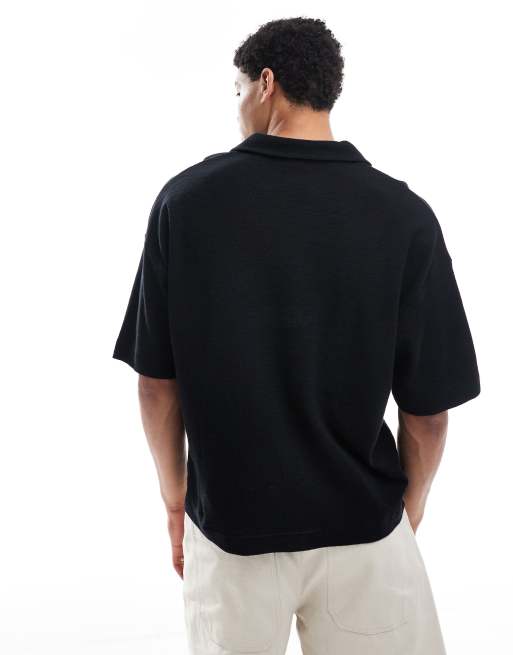 ASOS DESIGN oversized boxy textured revere collar polo shirt in black