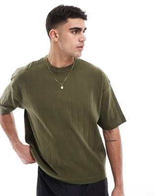 oversized boxy textured rib t-shirt in khaki-Green