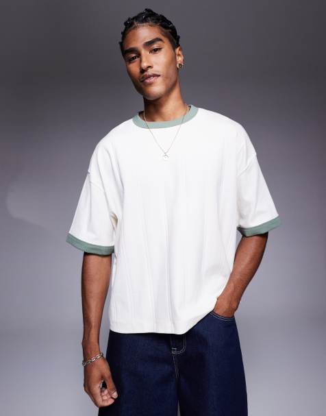 ASOS DESIGN oversized boxy textured rib t-shirt with contrast detail in cream - view 1