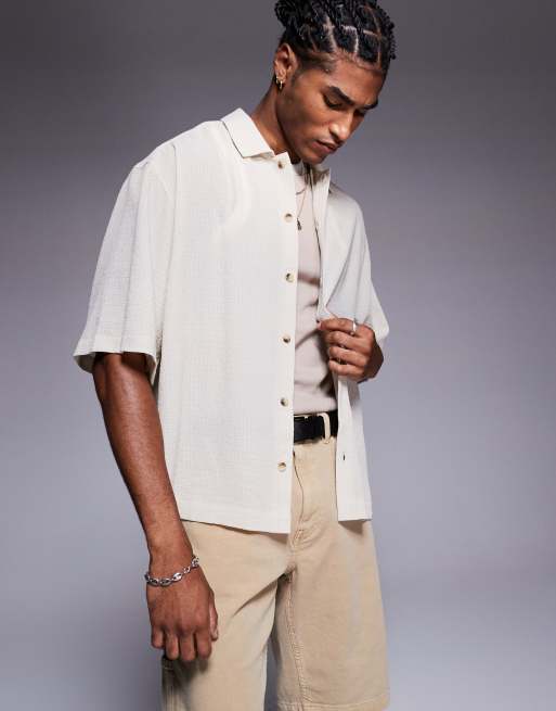 ASOS DESIGN oversized boxy textured shirt in stone